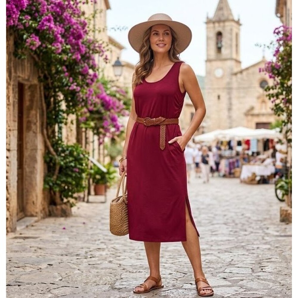 Cato Petite XLP Ruched Sides Tank Midi Dress Sleeveless Wine Red T-shirt Strechy